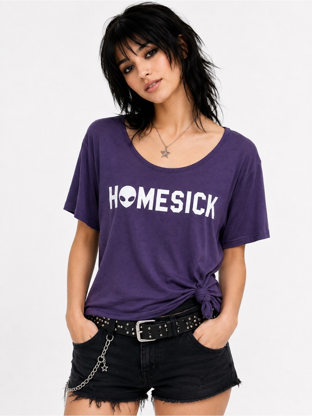 Eyeshadow Homesick Alien Graphic Purple Knot Tee Size M NWOT Made in USA